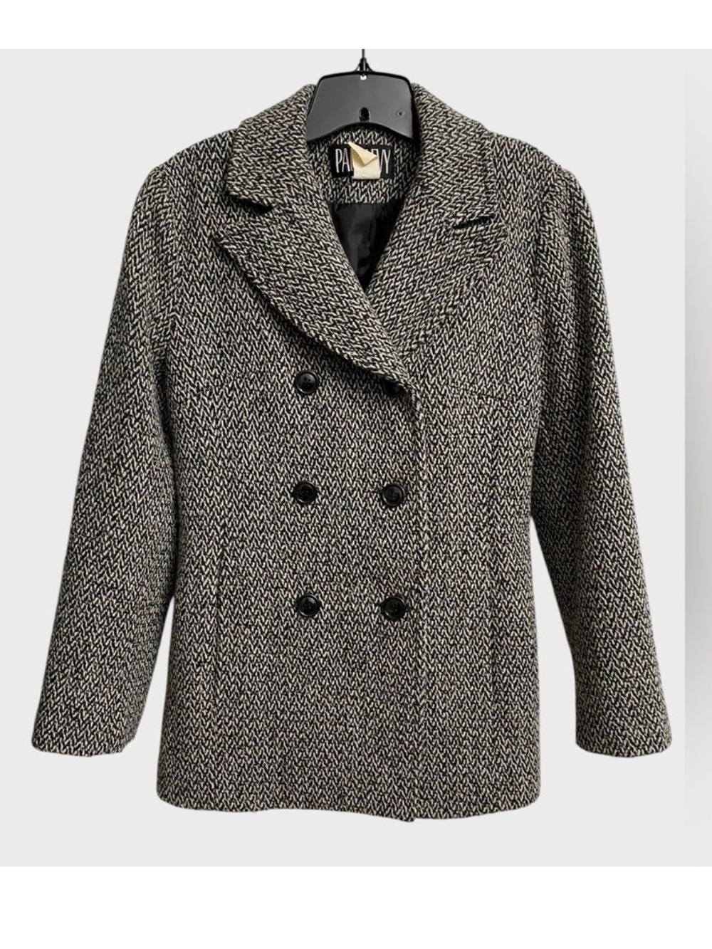 Vintage Paul Levy Herringbone Pea Coat Women's Size M Wool Grey Jacket Old Money
